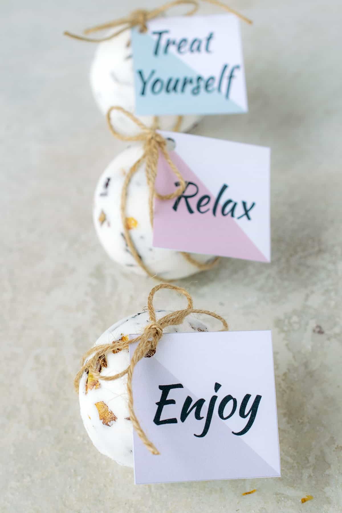 White lavender rose flaked bath bombs with printable twine tied gift tags