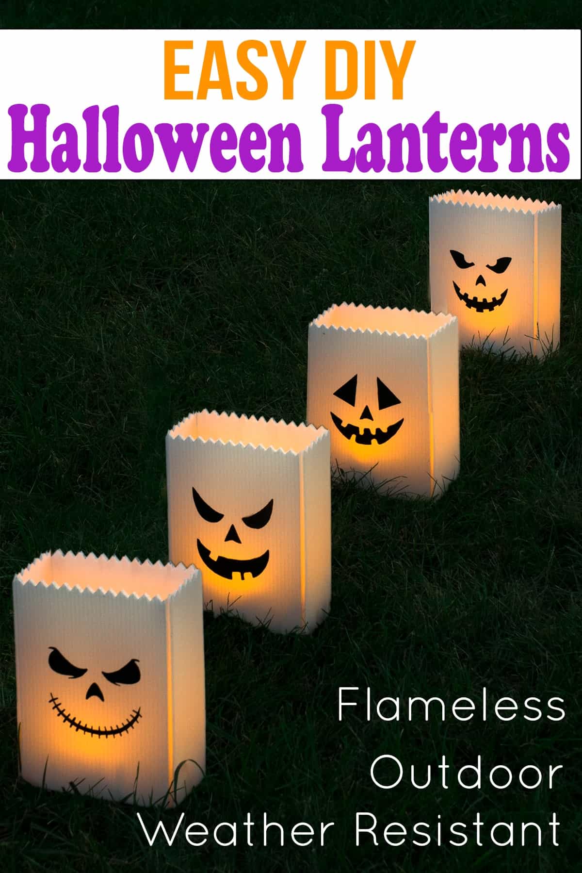 Flameless outdoor luminaries with jack-o-lantern faces in grass with title.