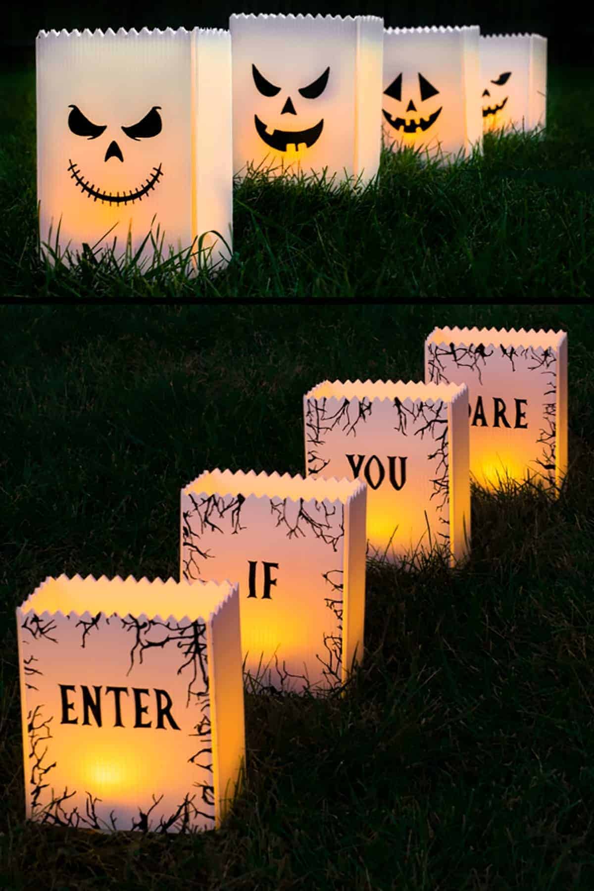 DIY halloween luminaries that have jackolantern faces on one side and Enter if you Dare on the other.