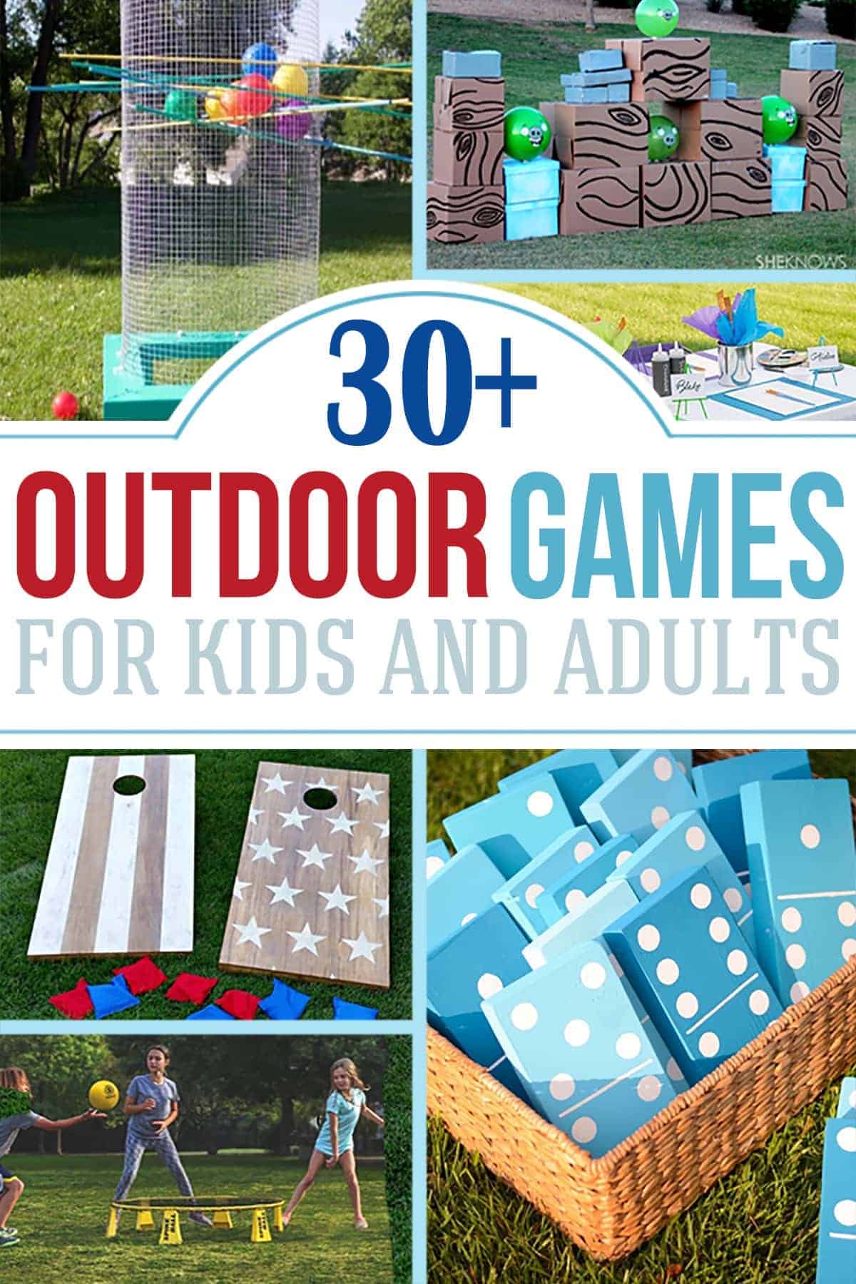 Outdoor Party Games for kids and adults. Pictures of corn hole, painting party, yard dominoes, yard Kerplunk and backyard Angry Birds game.