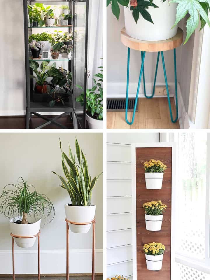 A collage of different homemade plant stands including wood and metal ideas.