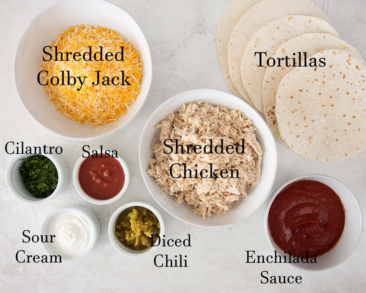 Ingredients for enchiladas with text labels.