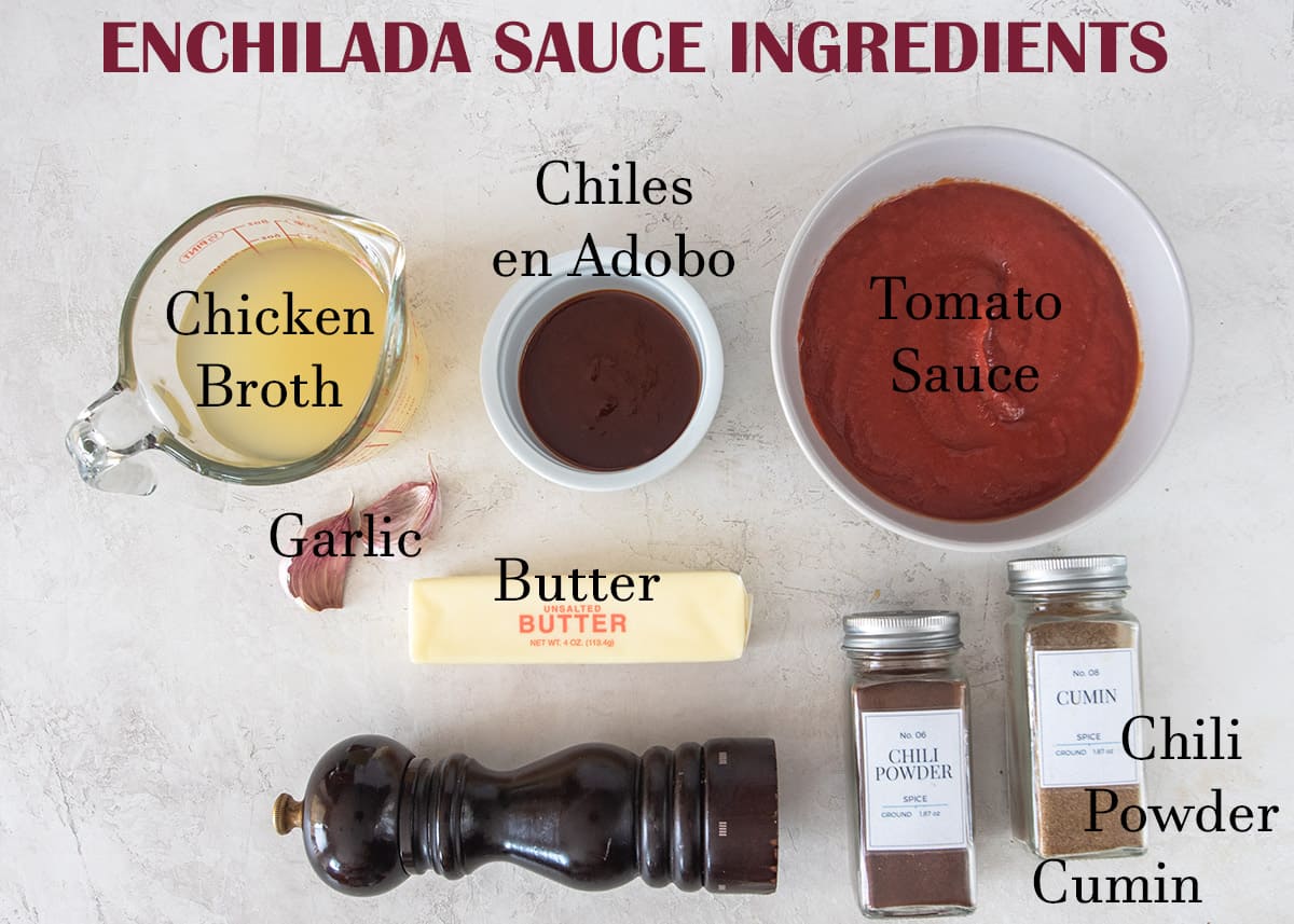 Ingredients laid out to make enchilada red sauce with text labels.