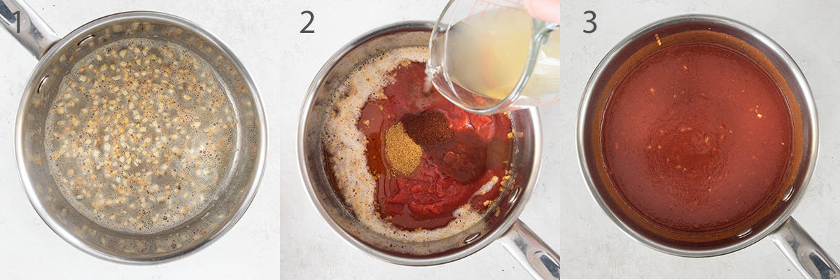 Collage of steps to make enchilada sauce on the stove top.