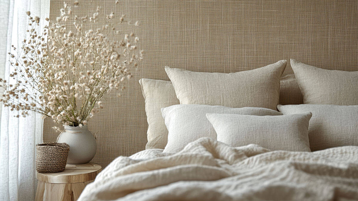 Bedroom featuring linen style fabric covering wall in neutral shade.