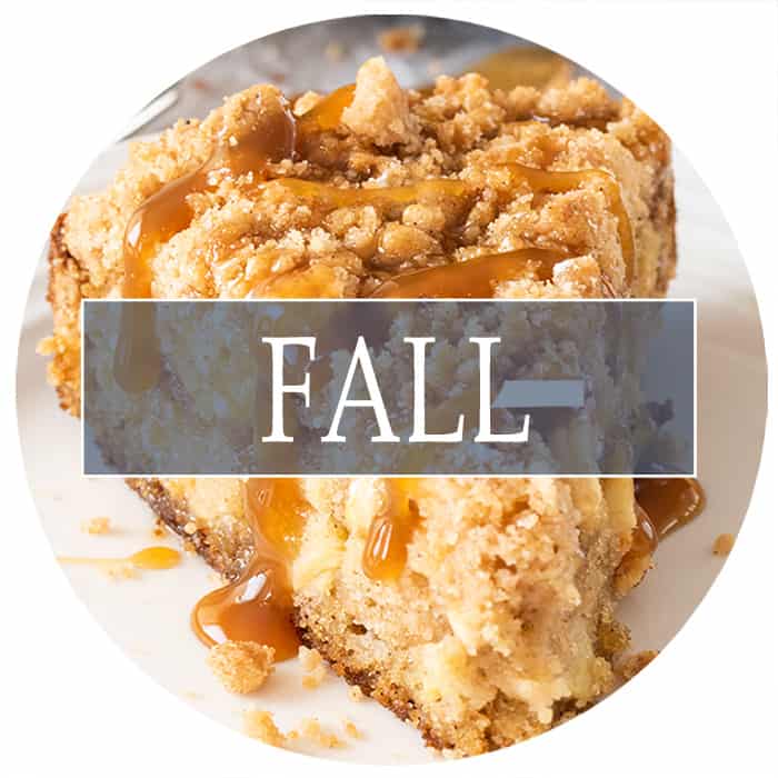 Closeup of Apple Crumb cake with caramel topping dripping down the side and Fall menu overlay.