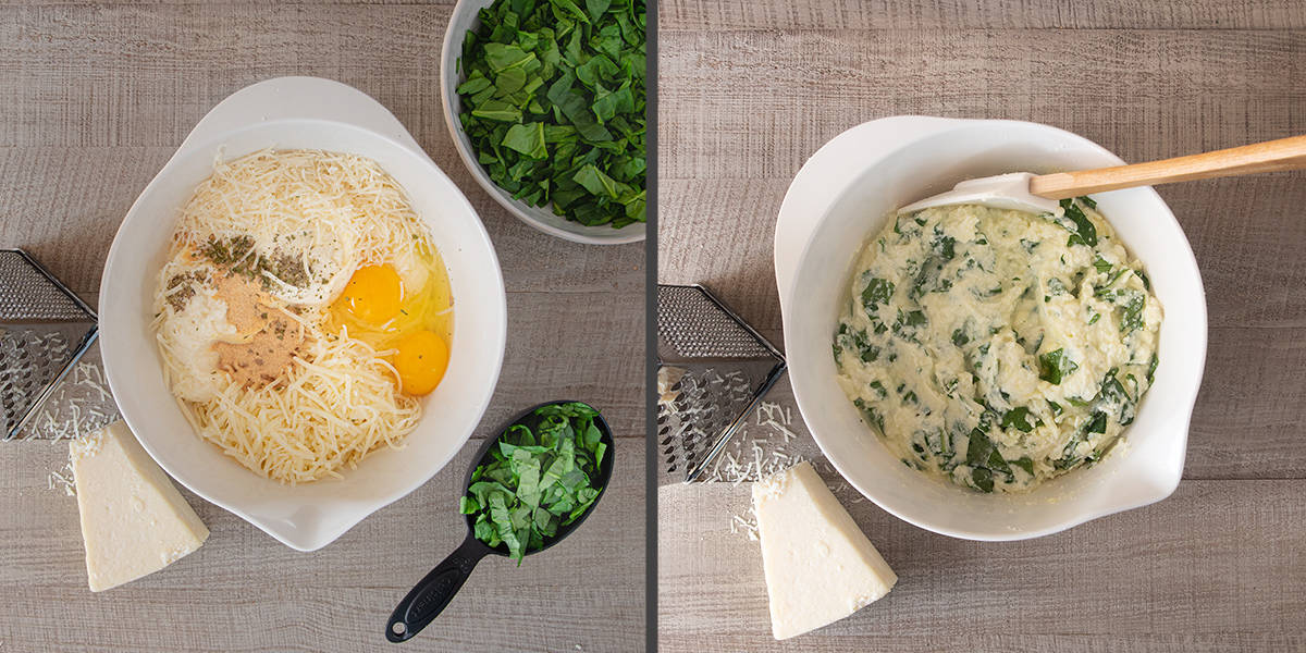 Collage of steps to make filling for stuffed shells.