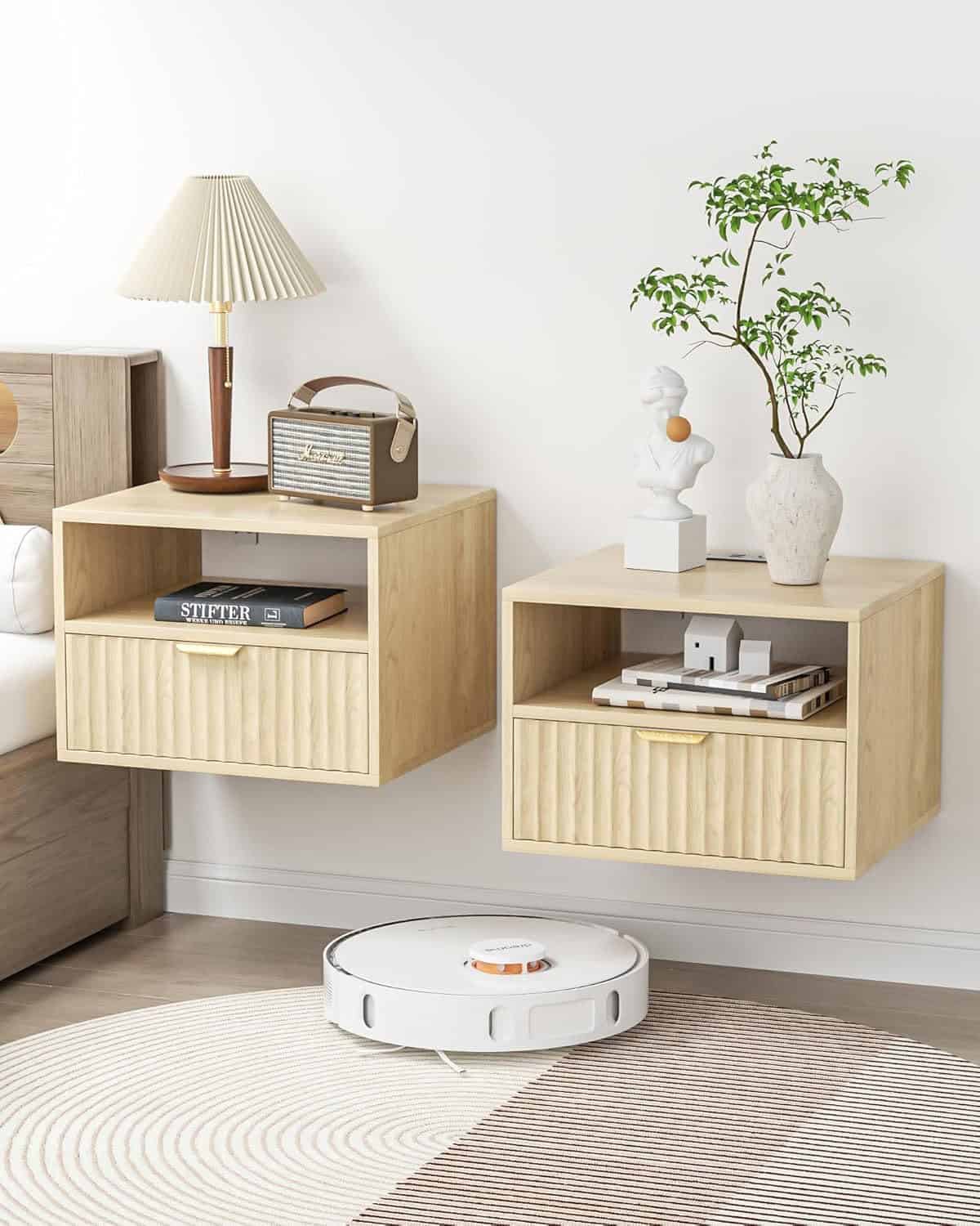 Two Floating Nightstands mounted on the wall with Charging Station.