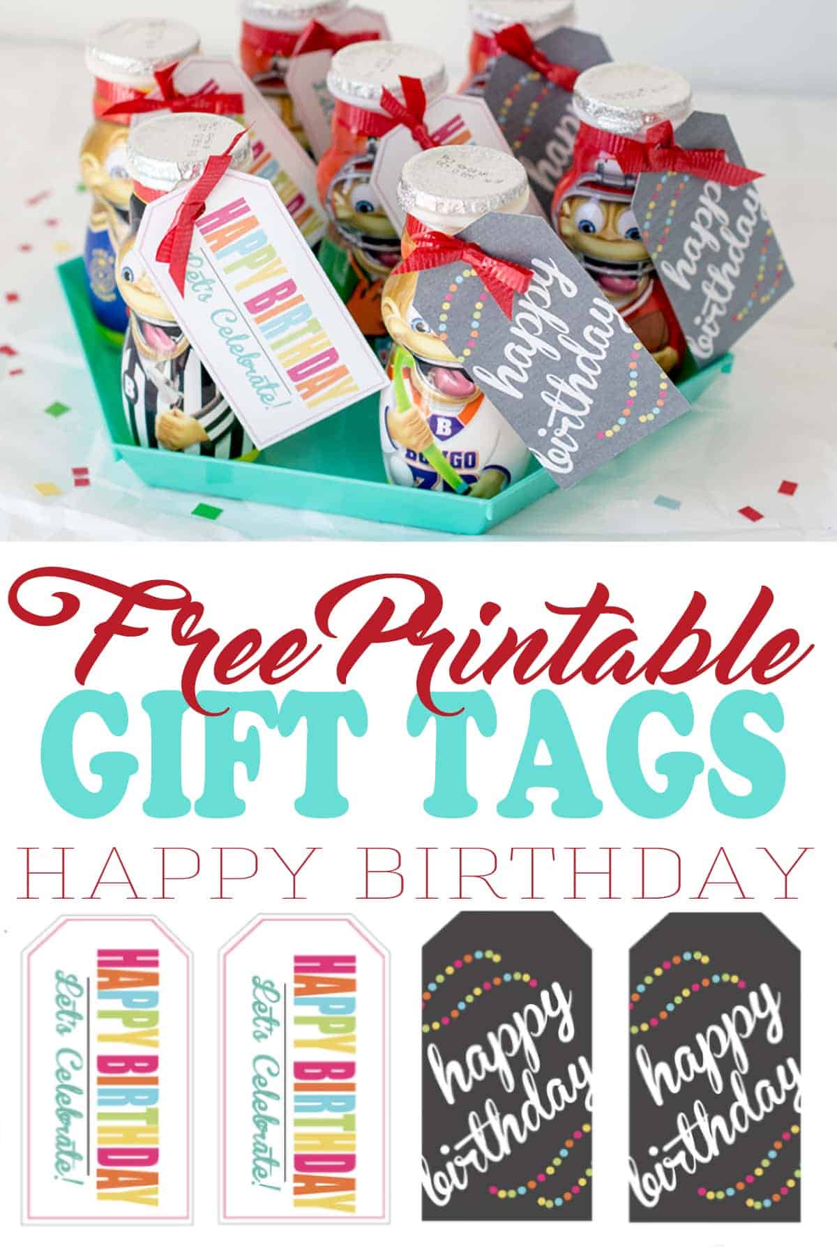 Classroom birthday treats-yogurt smoothie treats on turquoise hexagonal tray, wrapped in red bows with printable labels on white surface with colored confetti.