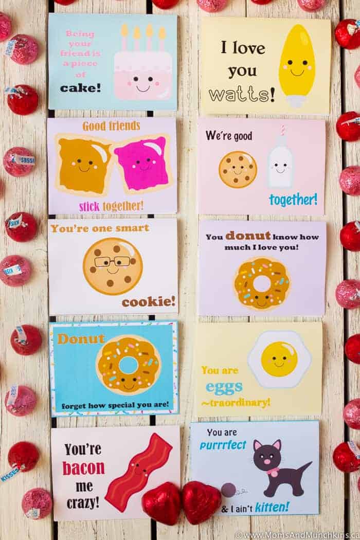 Set of free printable donut valentines for kids to exchange or lunch box notes.