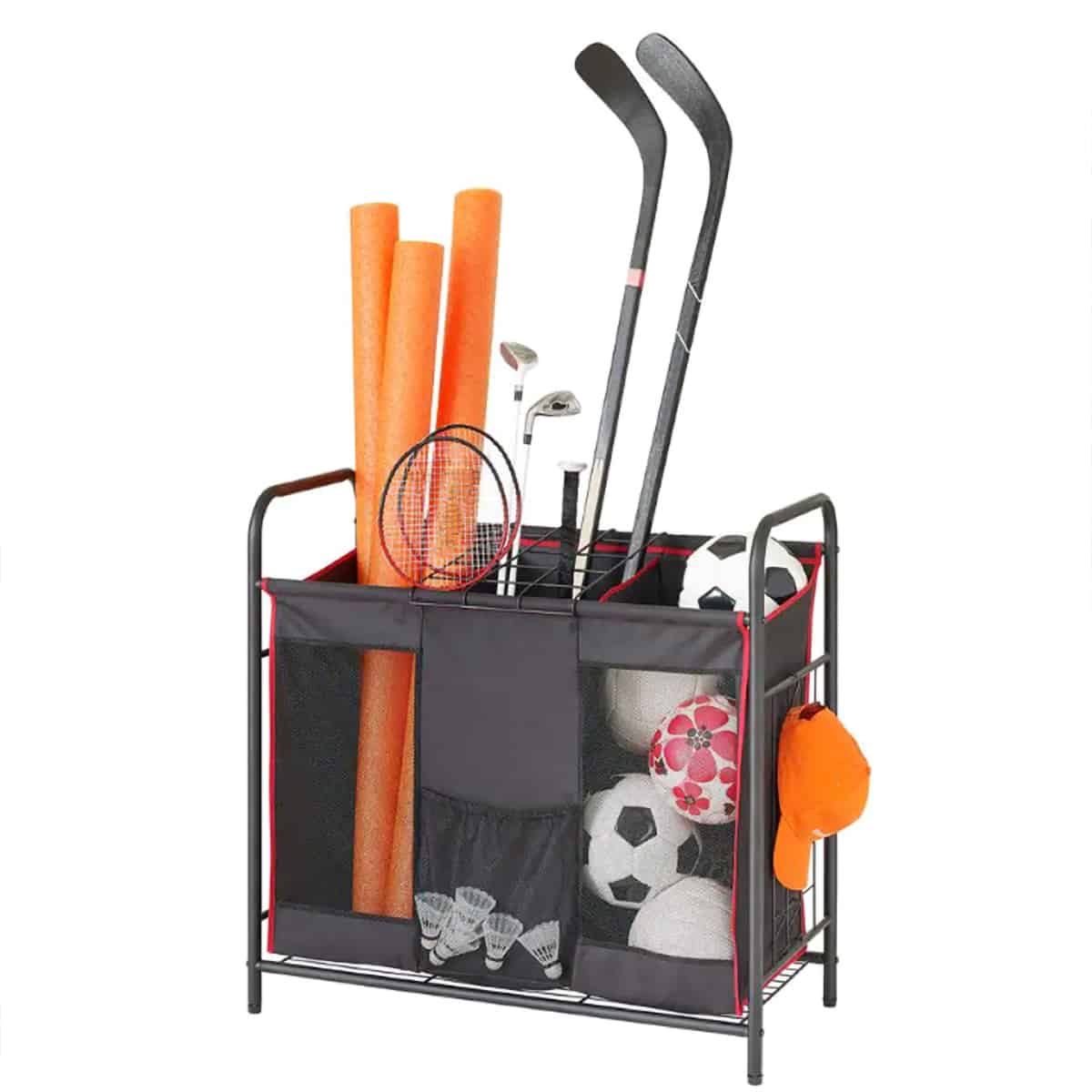 Lightweight fabric sorting center with sports equipment in the three bins.