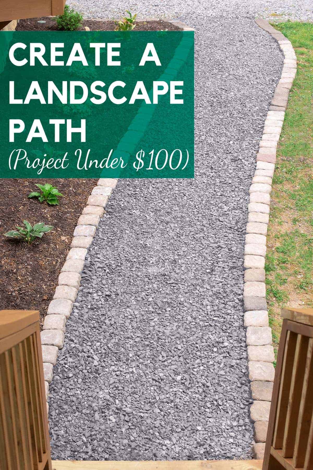 Gravel walkway under $100 diy project. Gravel walkway edged with paver stones leading to porch.