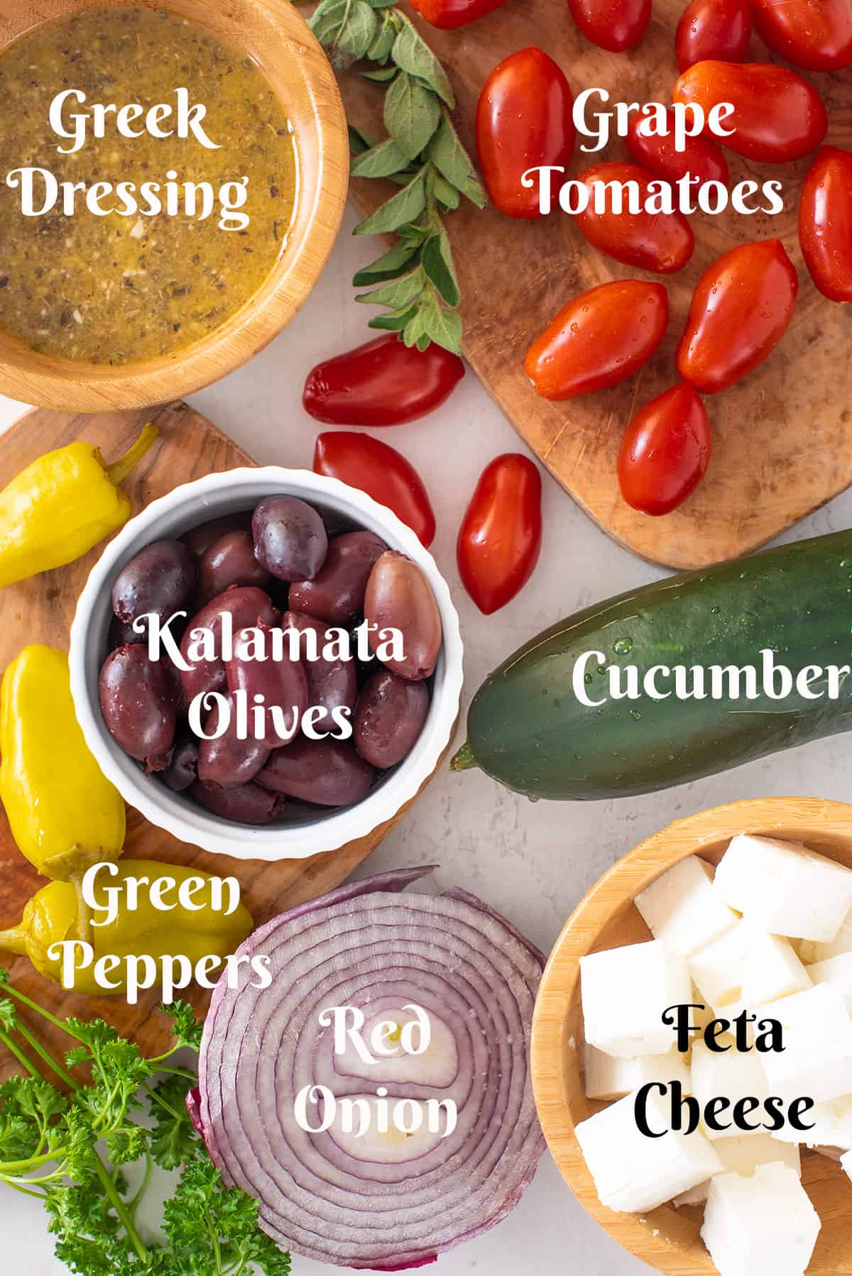 Greek salad ingredients with text labels.
