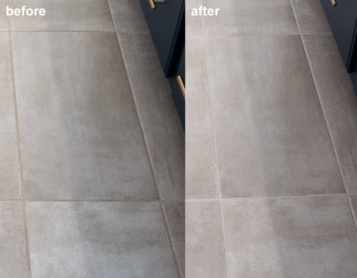 Before and after of cleaning tile grout lines.