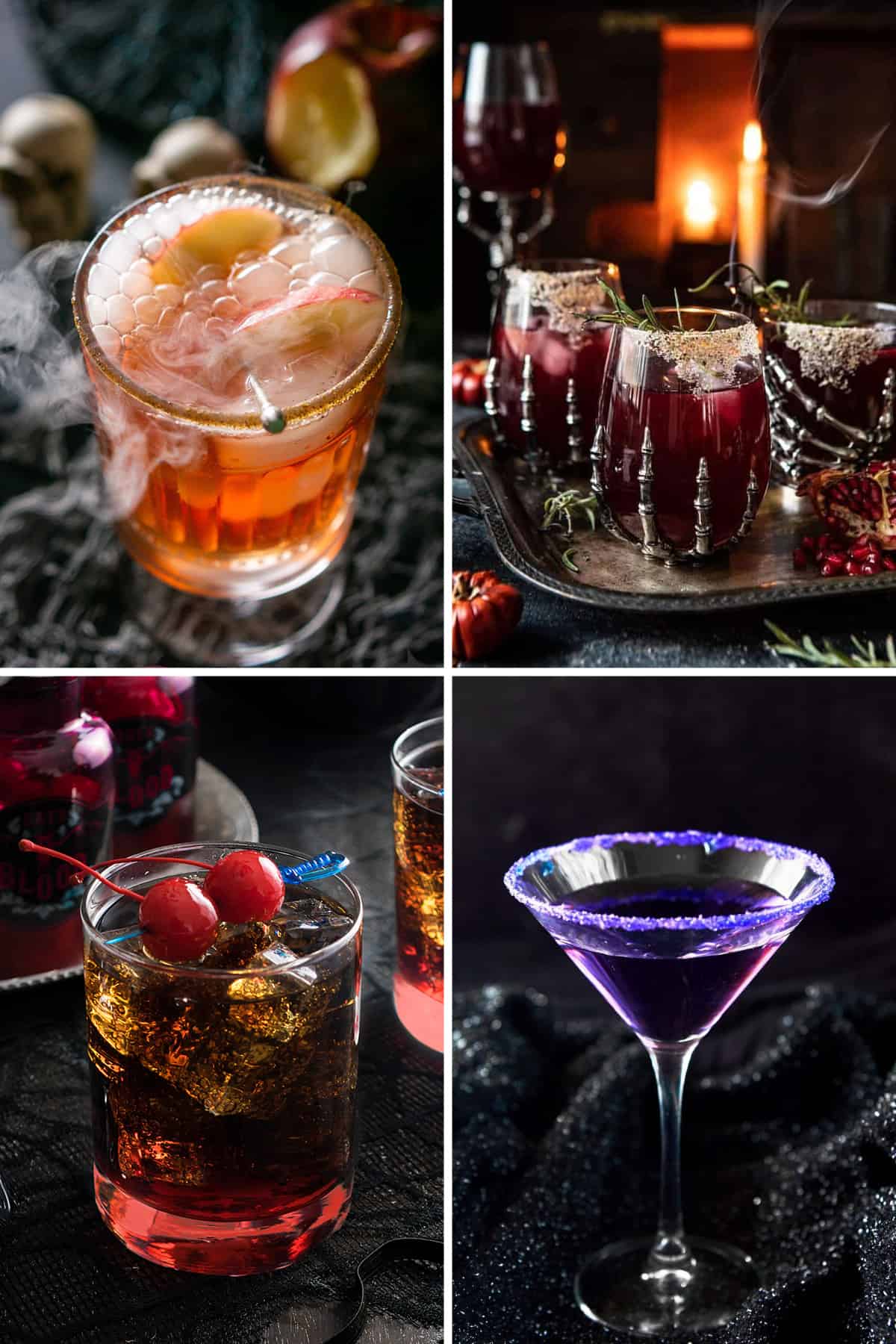Collage of Halloween cocktails including apple cider, purple people eater martini, and pomegranate punch.