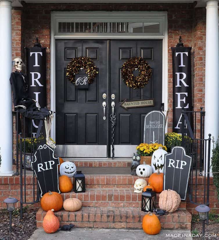 Trick or Treat Halloween Front Porch decor with DIY tombstones.
