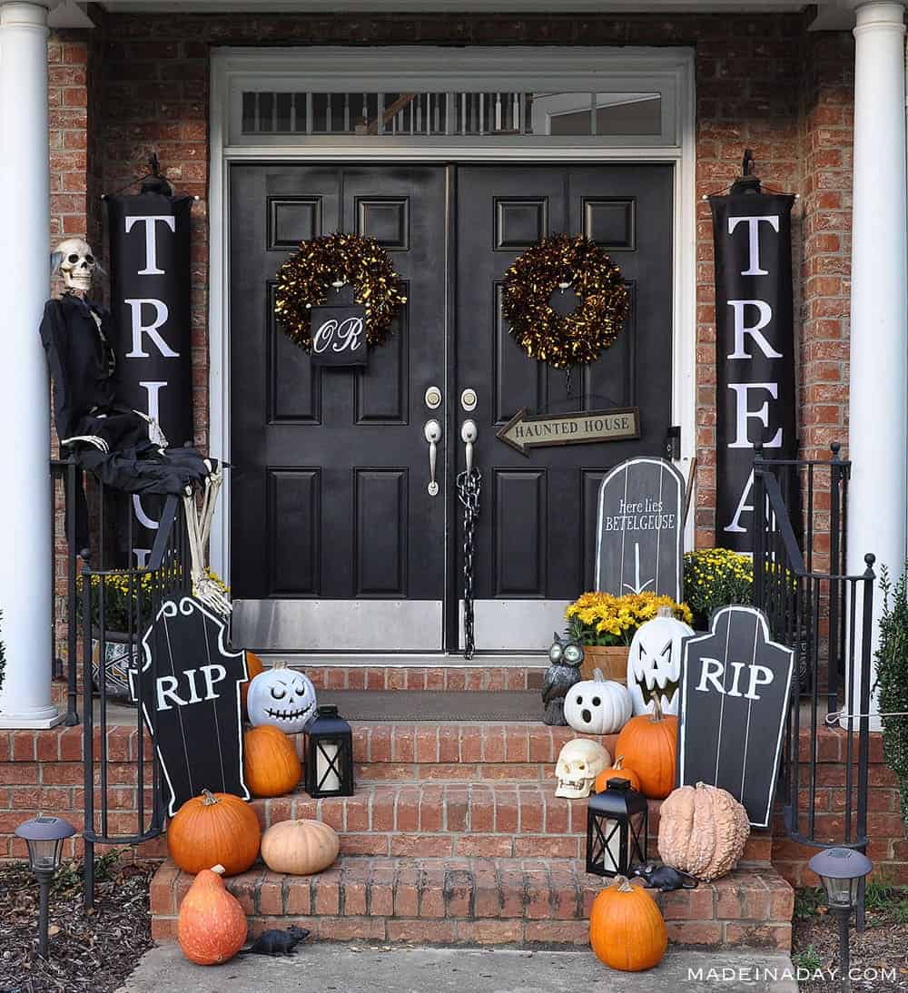 Trick or Treat Halloween Front Porch decor with DIY tombstones.