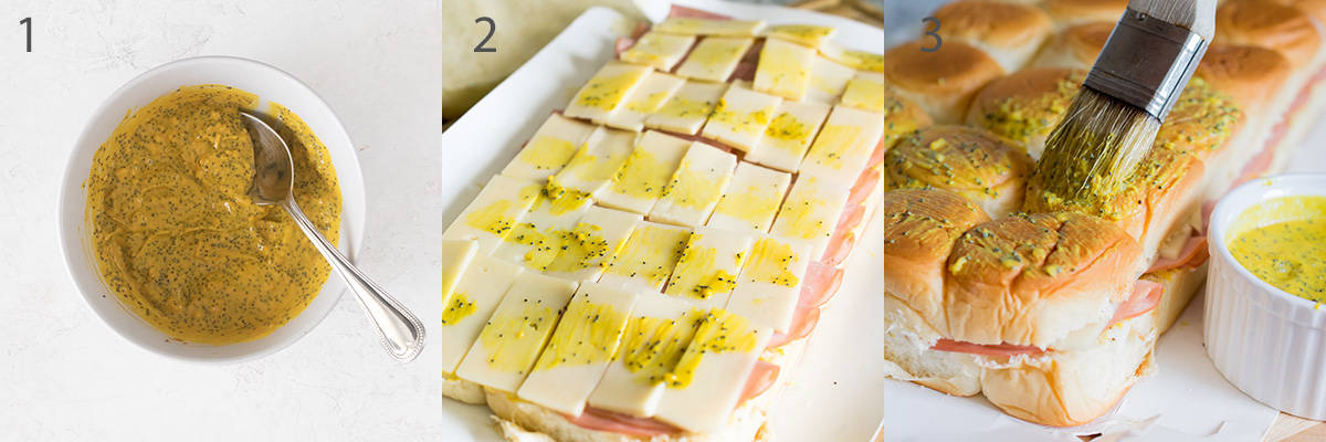 Collage of steps to make ham and cheese slider recipe.