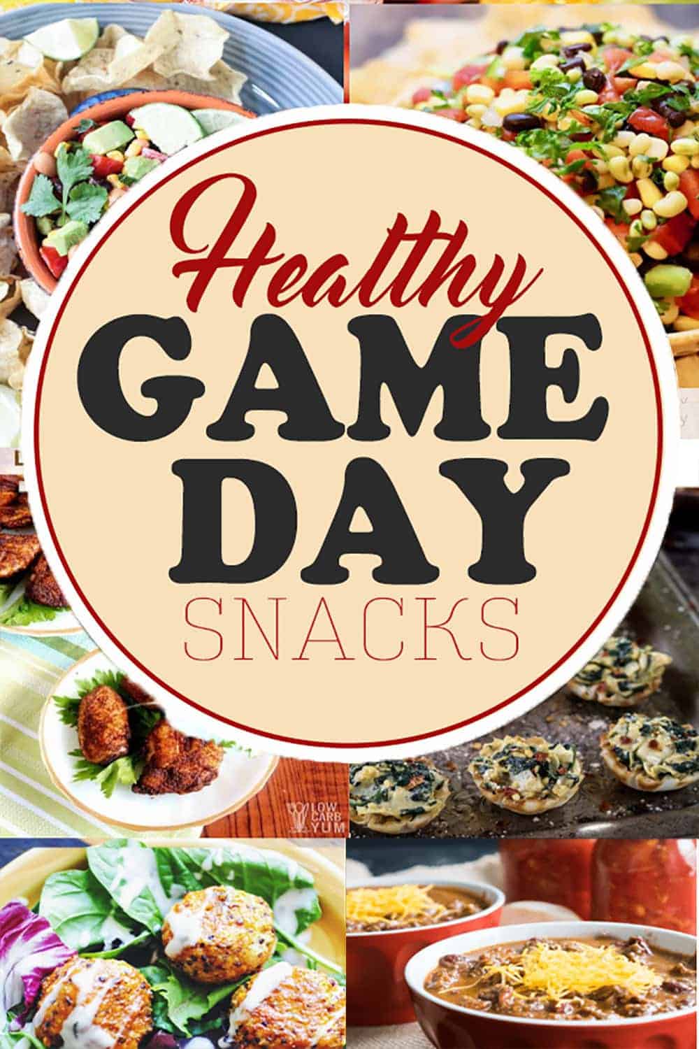 Collage of healthy football party appetizers including wings, cowboy caviar, quinoa bites, chili, an salsa.