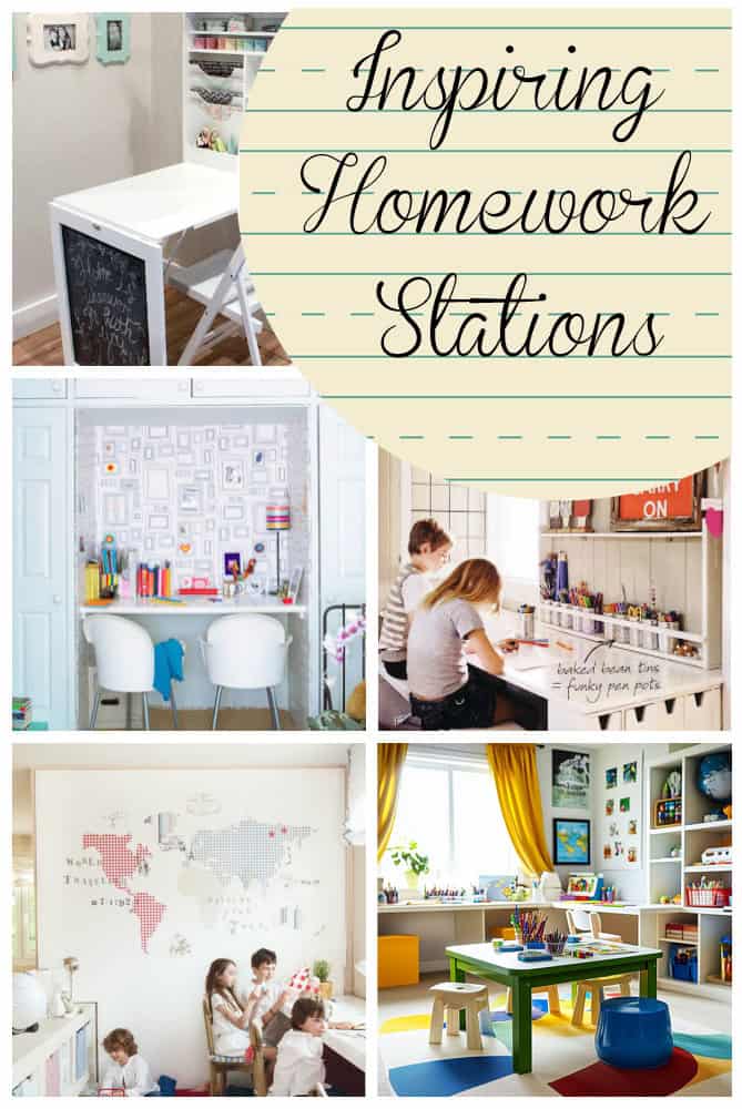 Collage of multiple homework station ideas for kids.