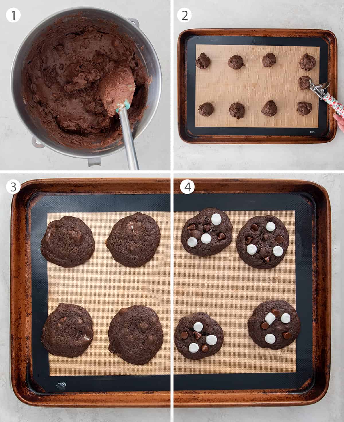 Step by step collage of making hot cocoa cookies with marshmallows.