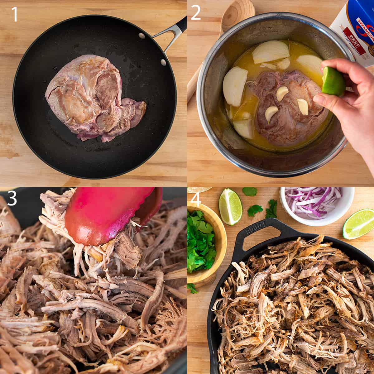 Step by step collage of making carnitas including browning and frying the meat.