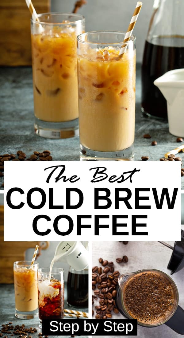 Two glasses of the best iced coffee lattes along with a collage of the preparation method.
