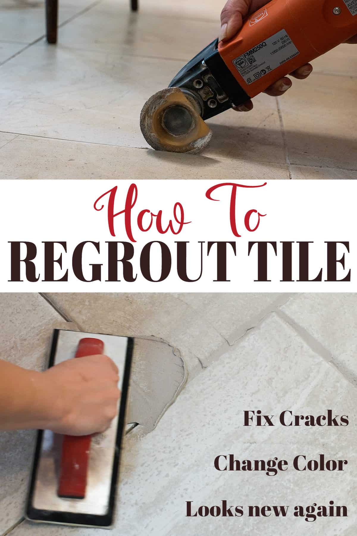 Collage of a woman removing grout and then adding grout to tile floors.