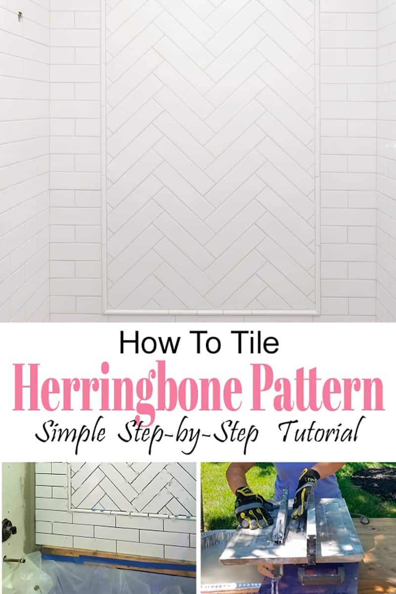 White herringbone tile shower inset in subway tile shower with title and tutorial pics.