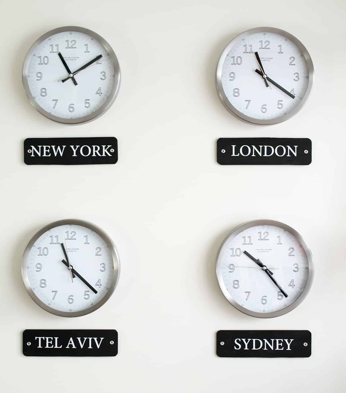 International World Wall Clocks Display with black city labels.