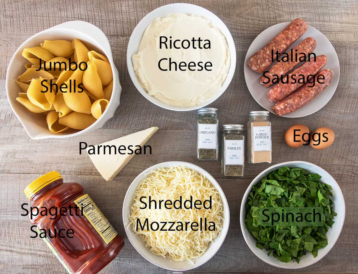 Ingredients for Classic Stuffed Shells with text labels.