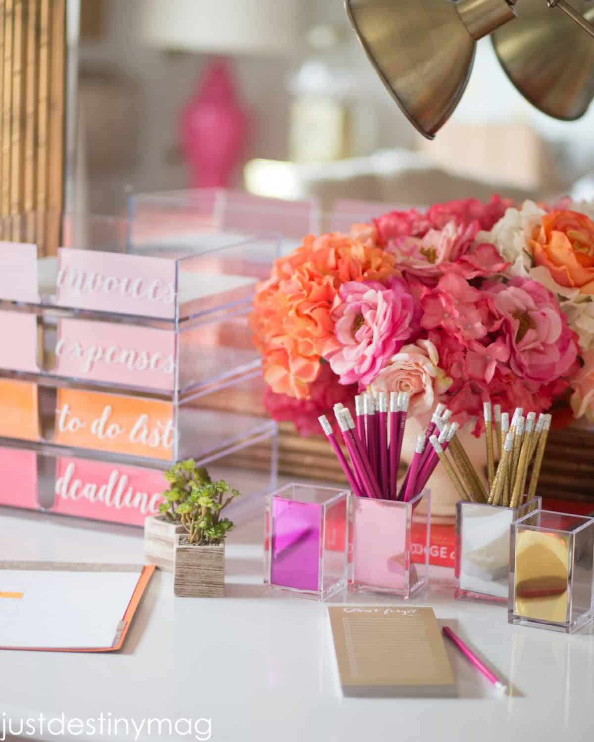 Acrylic 4-drawer desk organizer and pencil cubes upgraded with contact paper and vinyl labels on feminine desk.