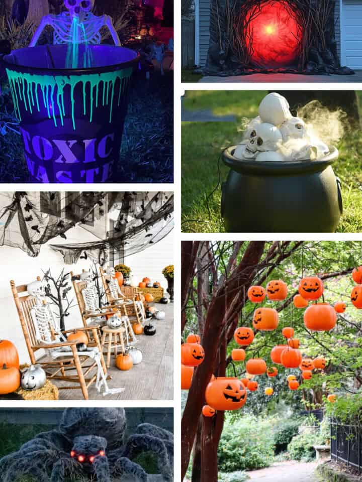 Collage of large outdoor Halloween decorations you can make yourself like skeletons, spiders, and pumpkins.
