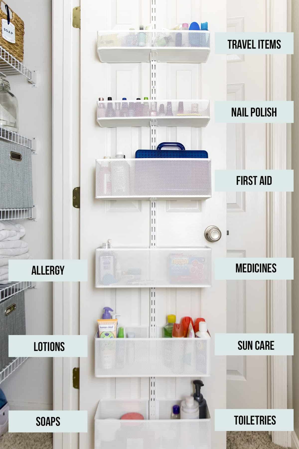 Elfa Linen Closet Door Organizer with the toiletries labeled in a linen closet.