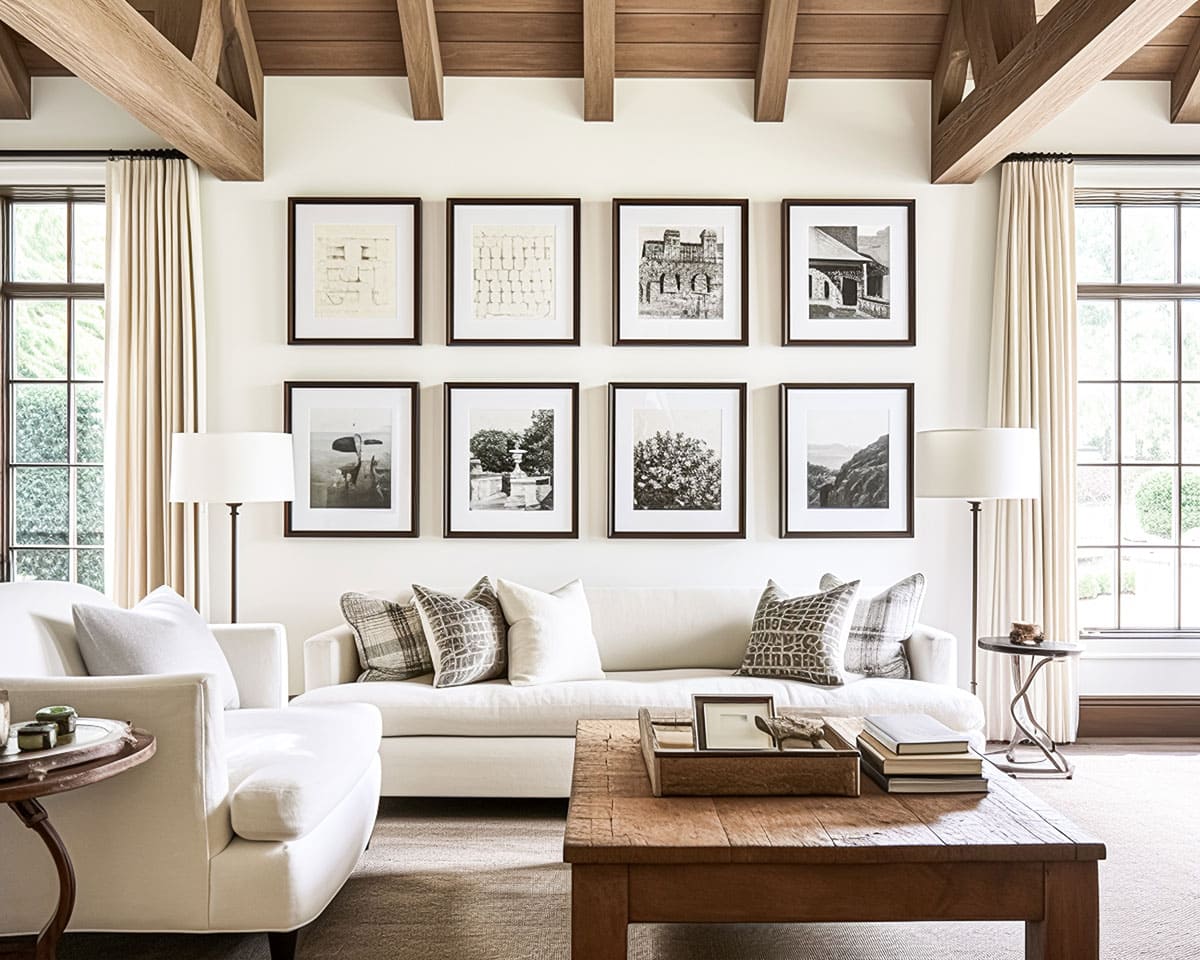 Black and white framed photo gallery display in neutral living room with modern farmhouse styling.