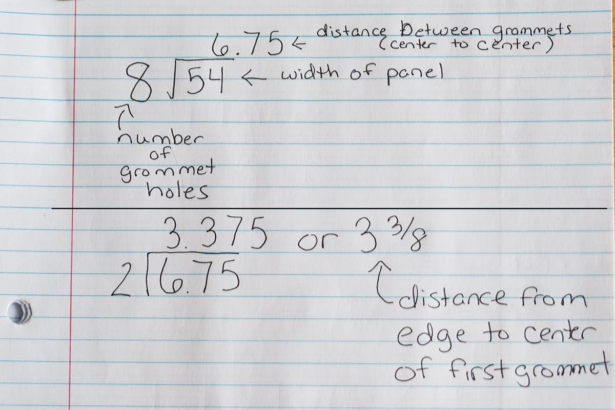 Sheet of paper with math showing how to measure distance between grommets.
