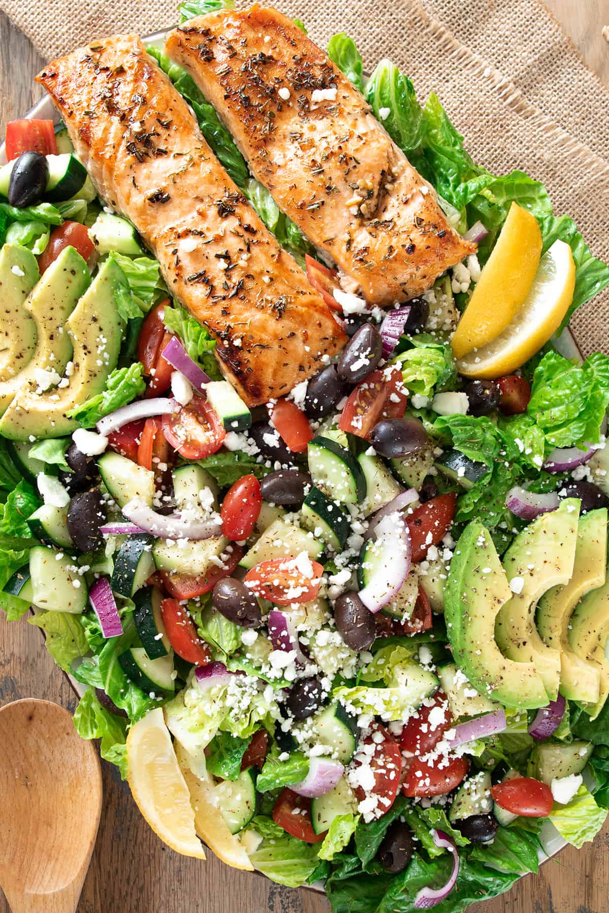 Salmon Avocado Salad with Mediterranean and Greek flavors on a platter.