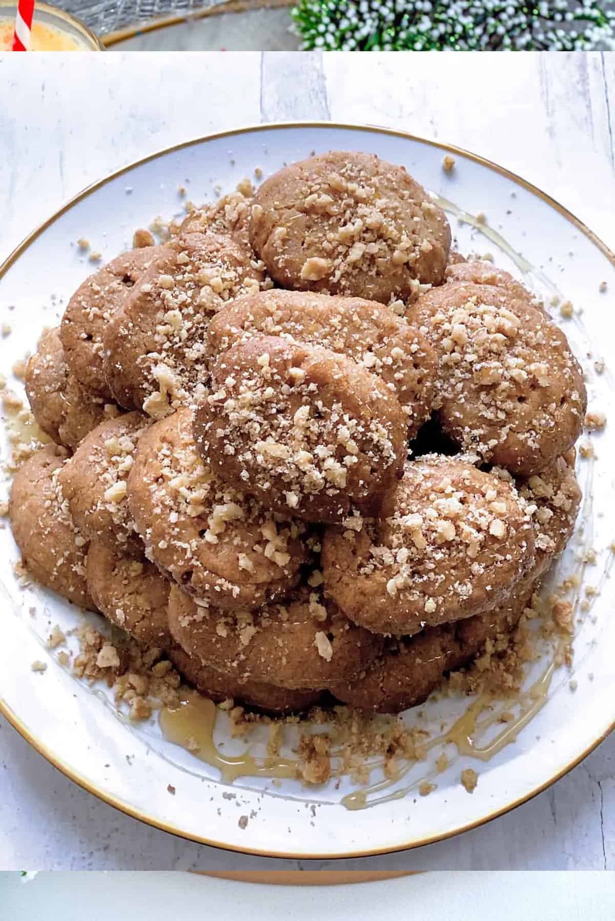 Melomakarona - Greek Christmas Honey Cookies on a plate.