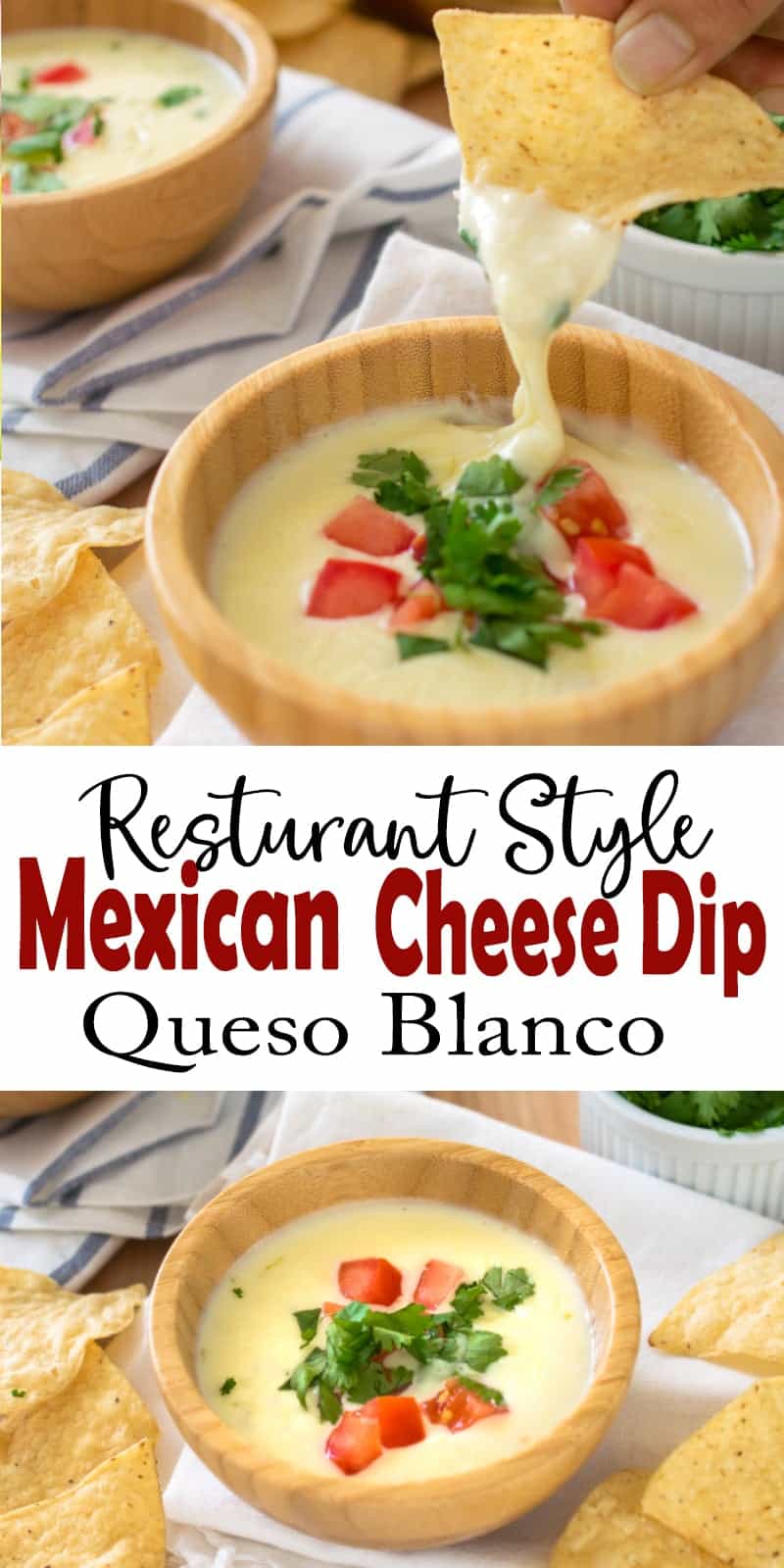 Collage of Mexican White Cheese dip and chip dipping into queso blanco with title.
