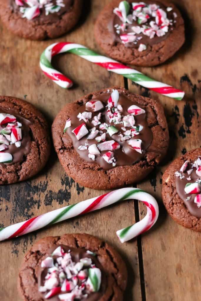 Peppermint Chocolate Cookies with candy cane pieces on top.