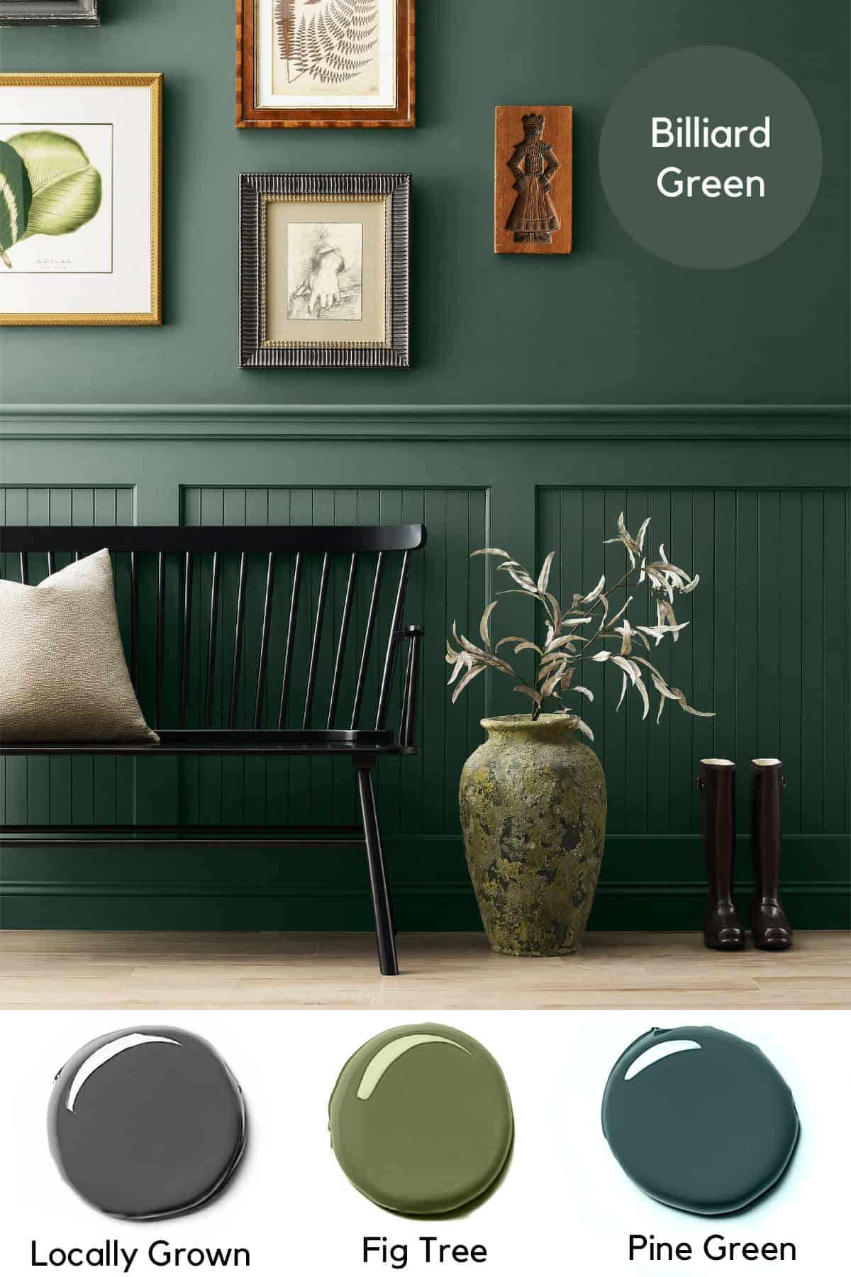 A living room painted in Billiard Green by Sherwin Williams with moody green paint colors of Locally Grown, fig Tree, and Pine Green underneath.