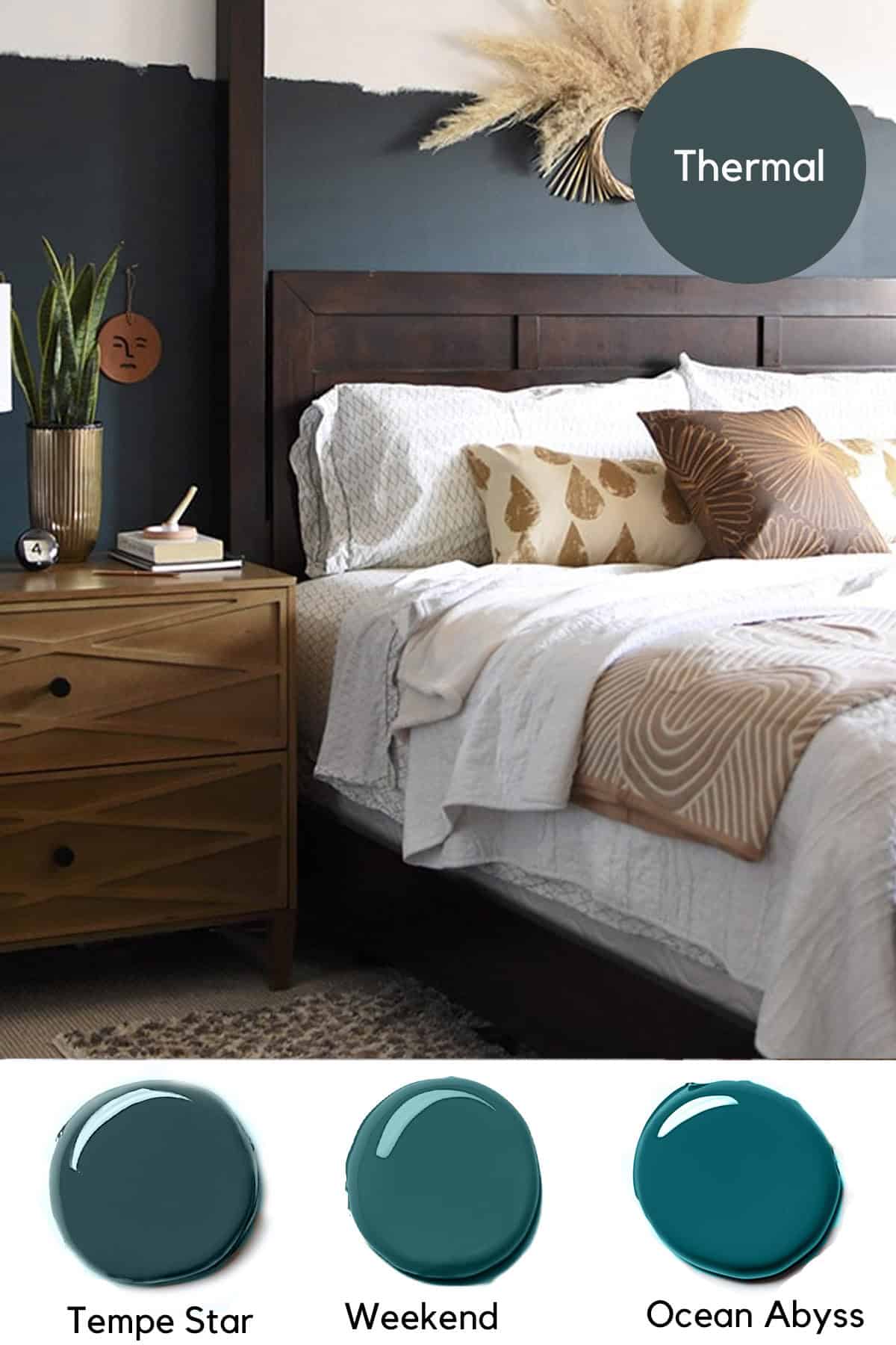 A bedroom painted in Behr Thermal with moody teal paint colors below.