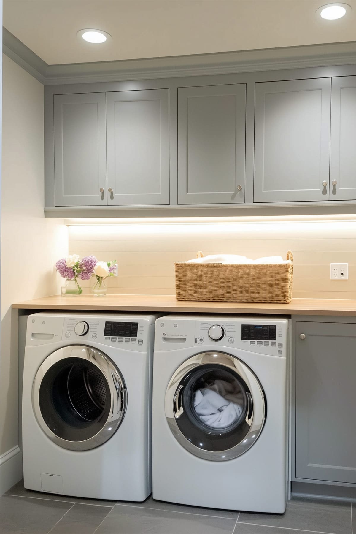 Neutral grey laundry room with under cabinet lighting and organization.