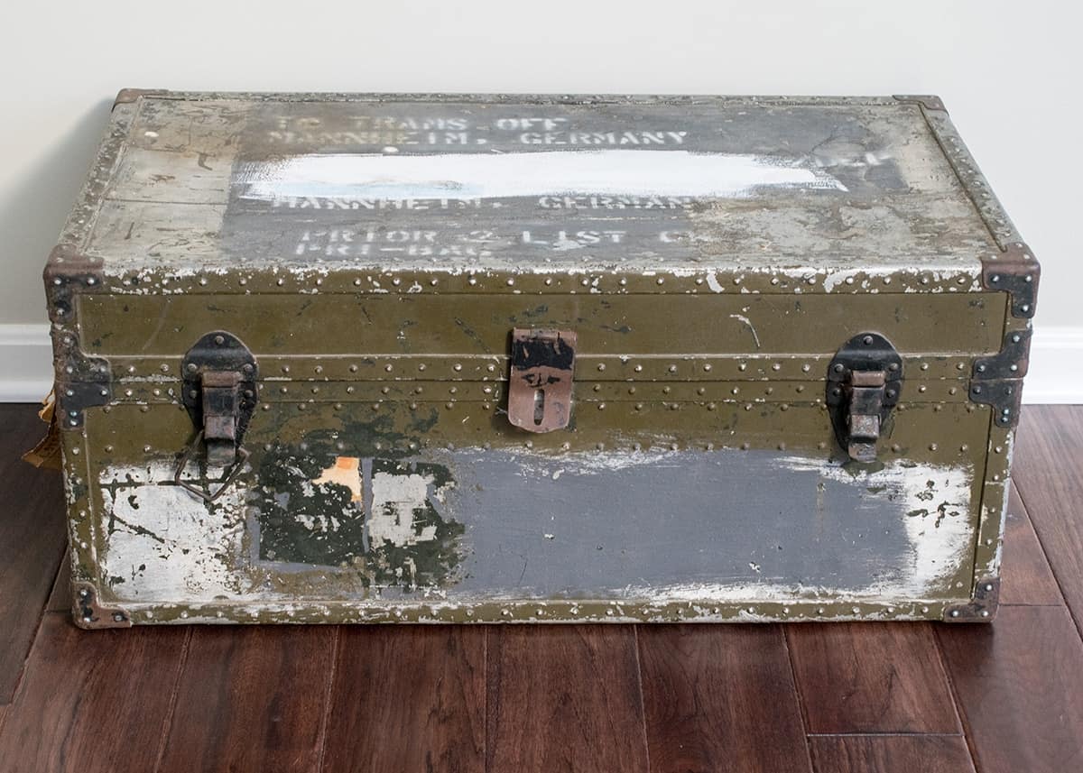 Korean War Era military footlocker trunk before DIY makeover.