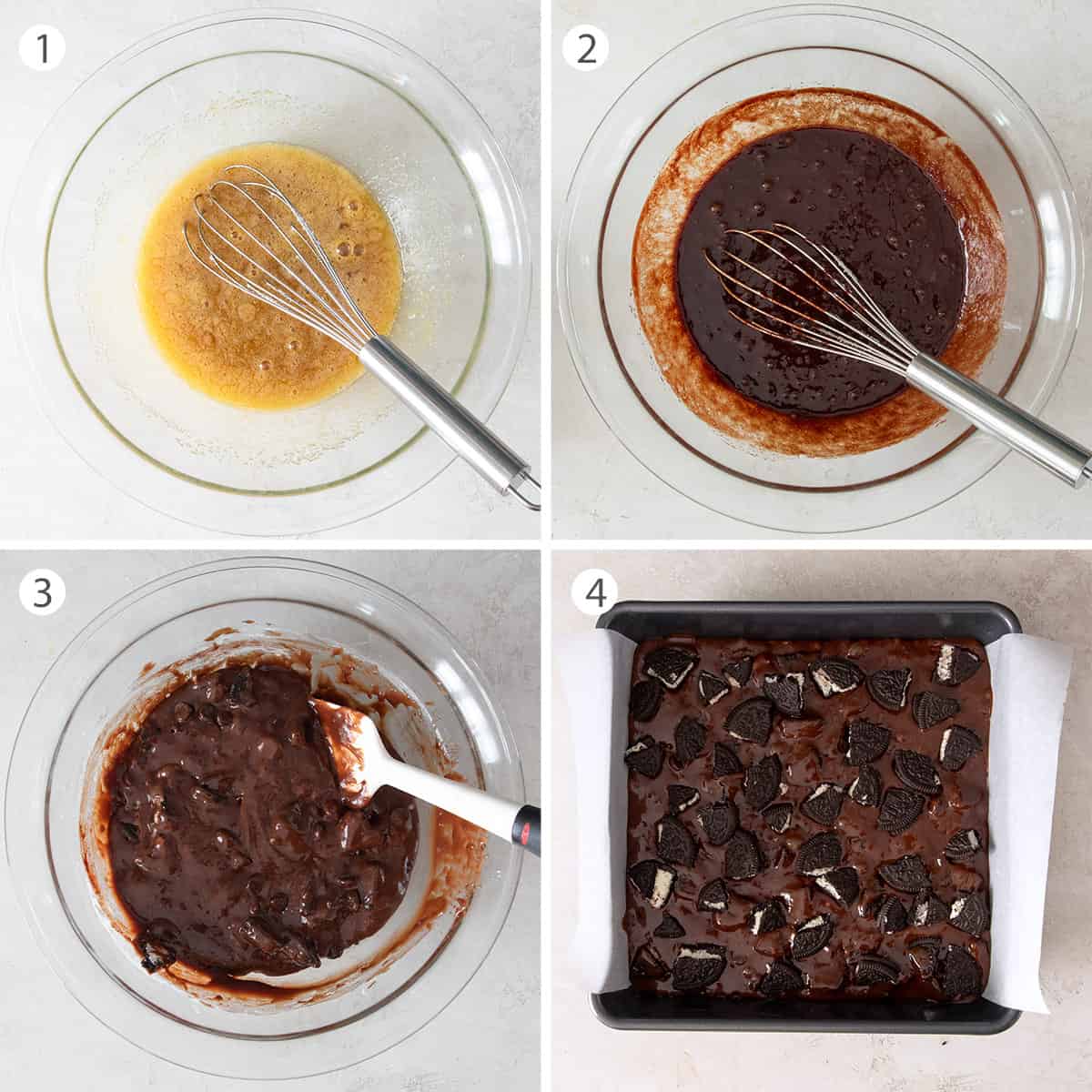 Collage of steps to make Oreo brownies including creaming sugars, wet ingredients, mixing and adding batter to the pan.