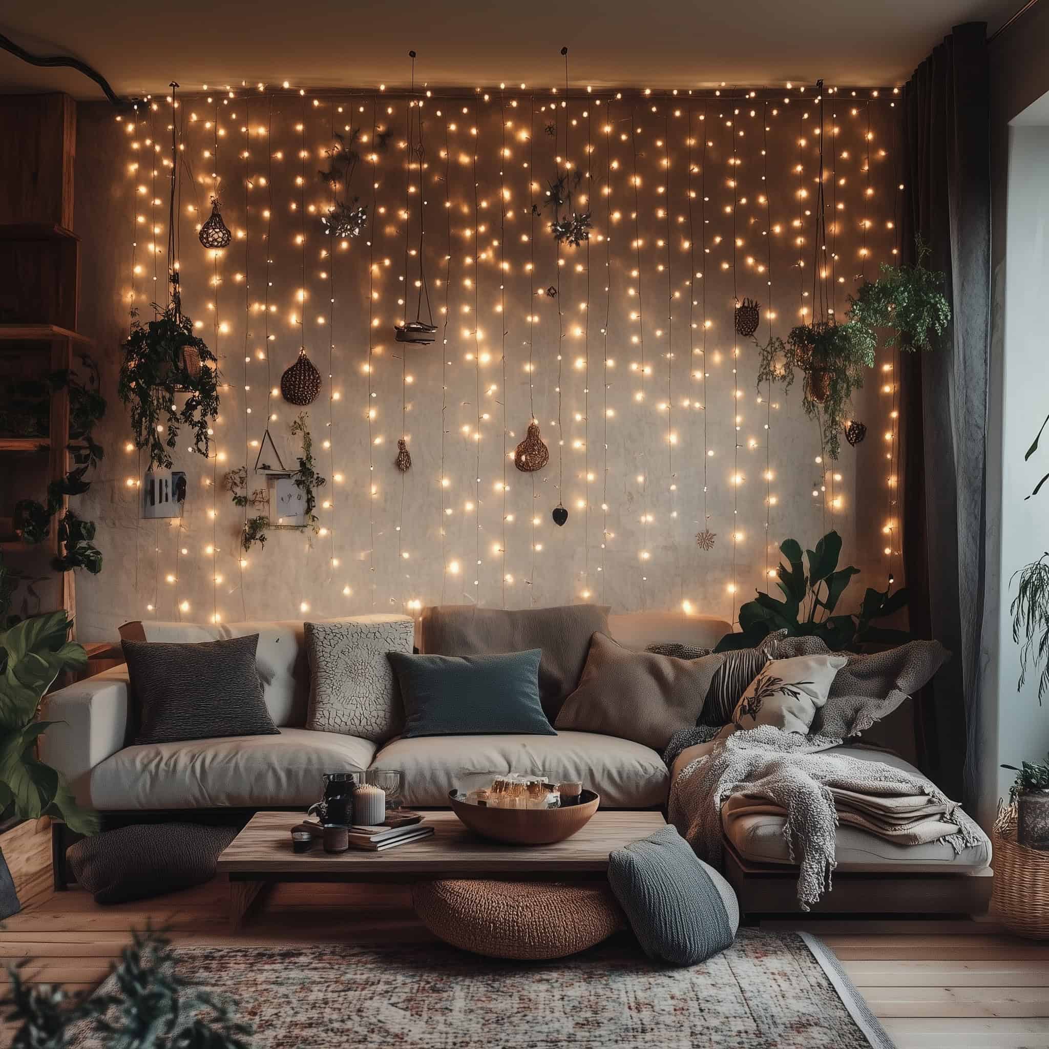 Bohemian style living room styled in Earth tone greens and browns with fairy light feature wall and hanging plants.