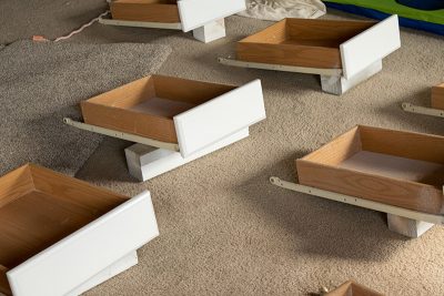 kitchen drawers laid out to dry,