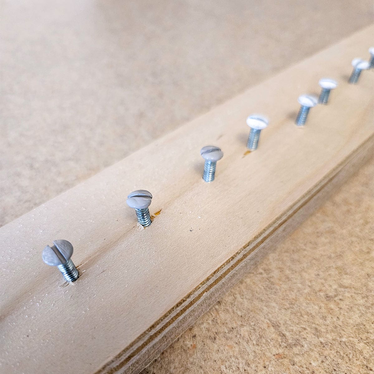 Painted screws lined up and drilled into a board to dry.