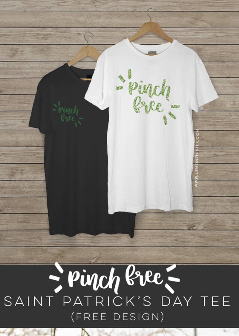 Two pinch free t-shirts for Saint Patrick's day hanging on a wood surface.