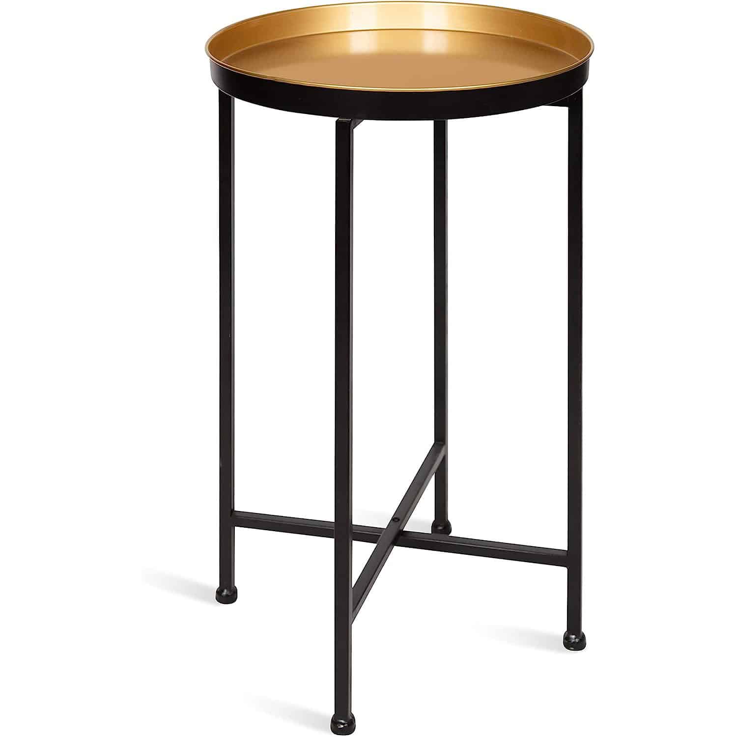 Pedestal end table or plant stand with black curved cabriole legs and gold painted tray.
